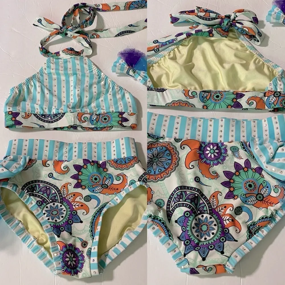 Custom solo rhinestoned bling dance costume 2 piece Paisley retro LC-large child